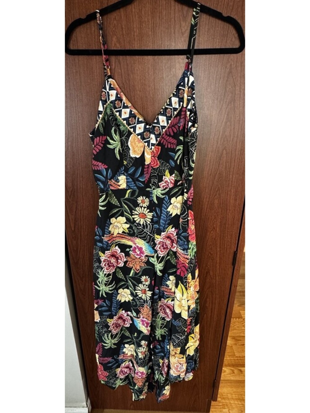 Women’s Tropical Floral Wide Leg Jumpsuit Black Boho Resort Small